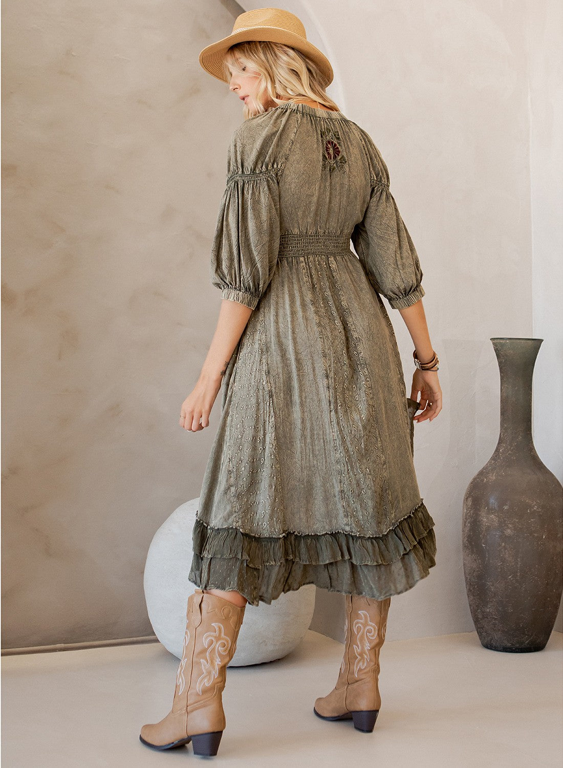 Desert Heirloom Asymmetrical Ruffle Midi Dress