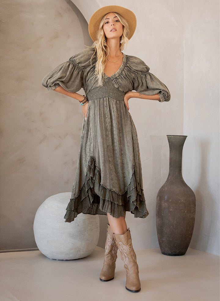 Desert Heirloom Asymmetrical Ruffle Midi Dress