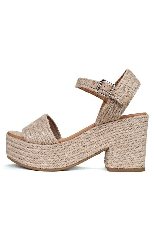 Golden Hour Raffia Block Platform Heels