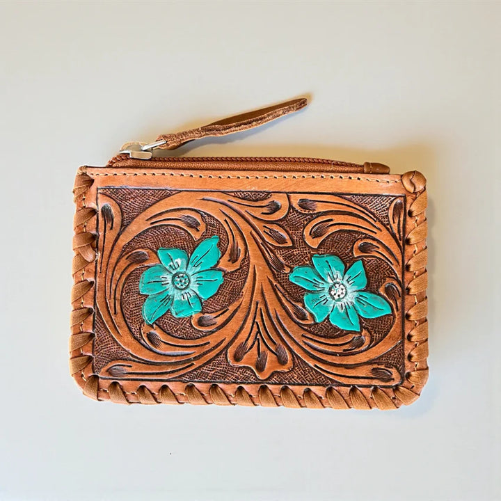 Desert Bloom Turquoise Tooled Cowhide Coin Pouch