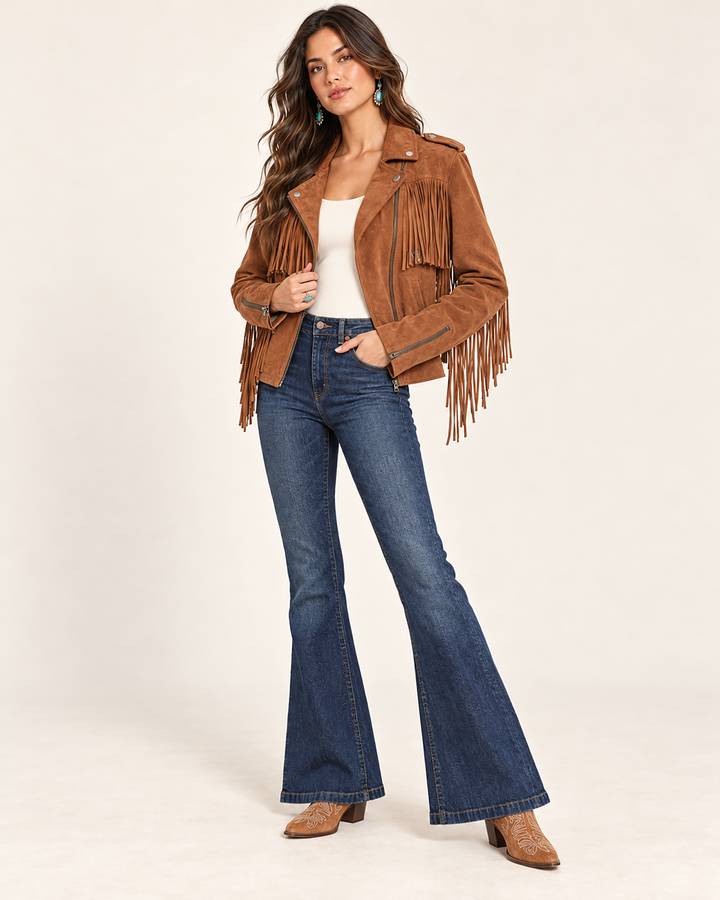 Brown suede leather western jacket with cascading fringe, an asymmetric zip front, snap lapels, and shoulder epaulettes.