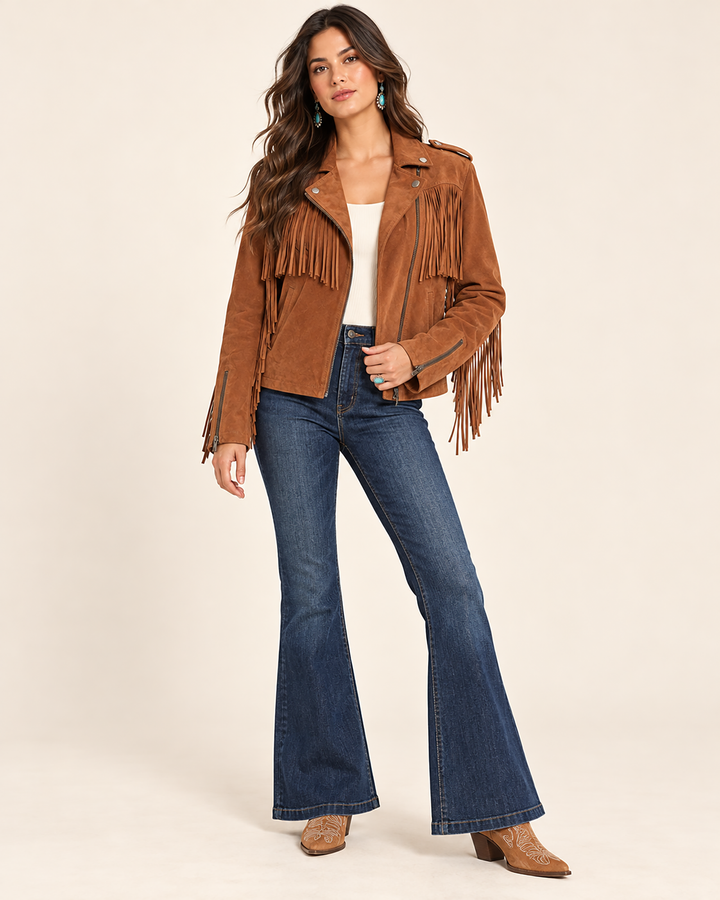Brown suede leather western jacket with cascading fringe, an asymmetric zip front, snap lapels, and shoulder epaulettes.