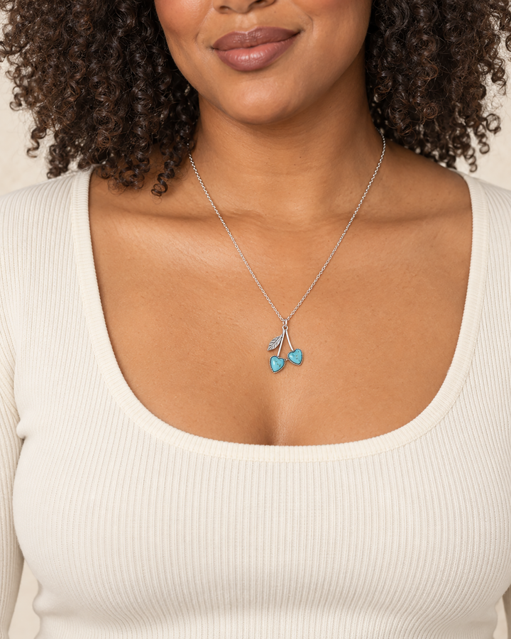 Two heart-shaped stones, turquoise cherry pendant necklace