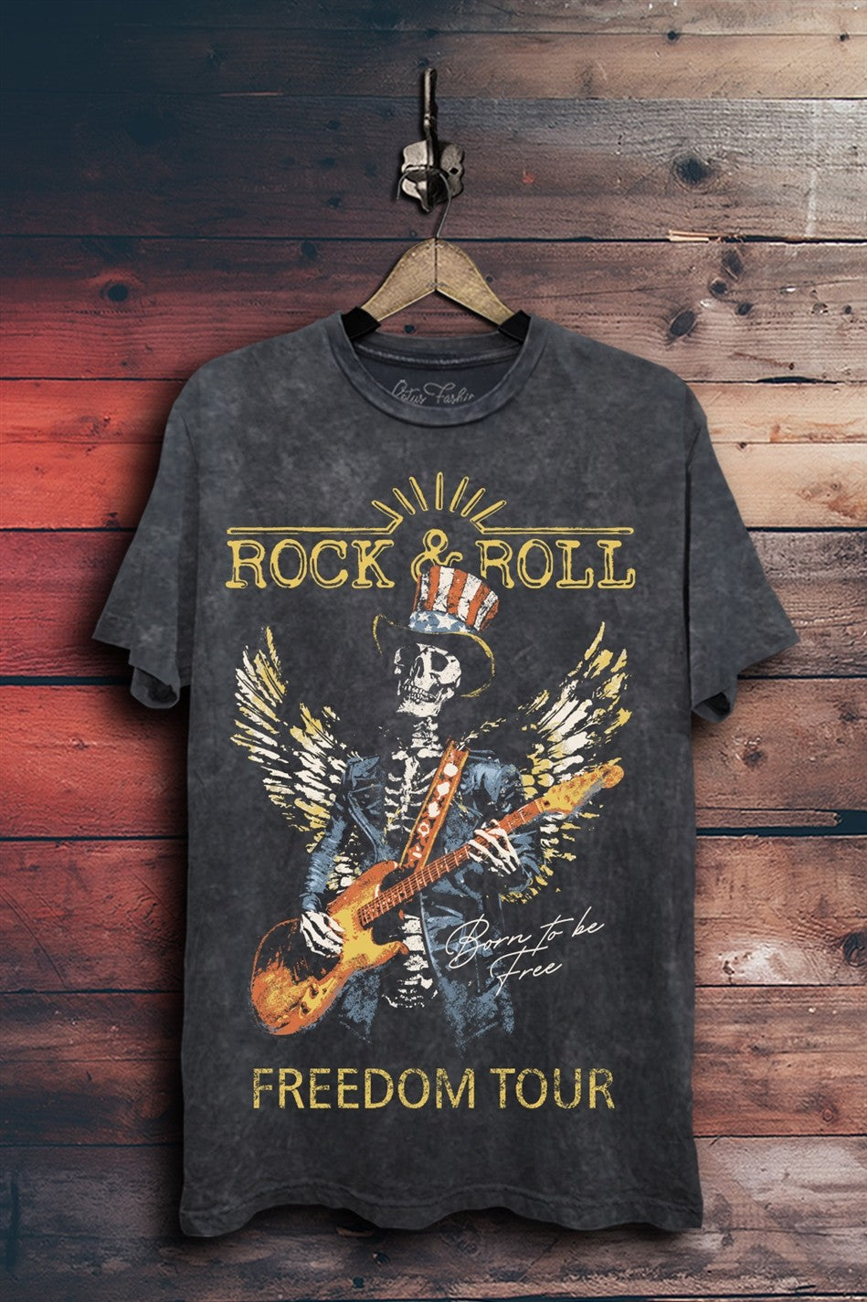 Mineral-washed boyfriend graphic tee featuring a screen-printed Rock & Roll Freedom Tour design.