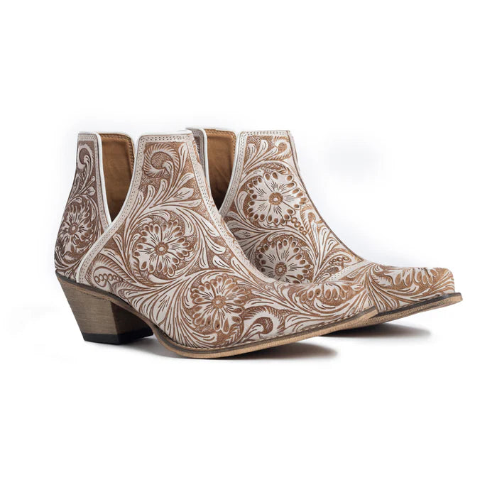 Myra Western Moxie Hand-tooled Booties in White Chocolate