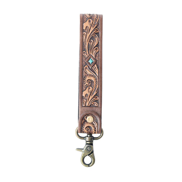 Myra Spirit Stone Handtooled Leather Keyfob in Mahogany Brown
