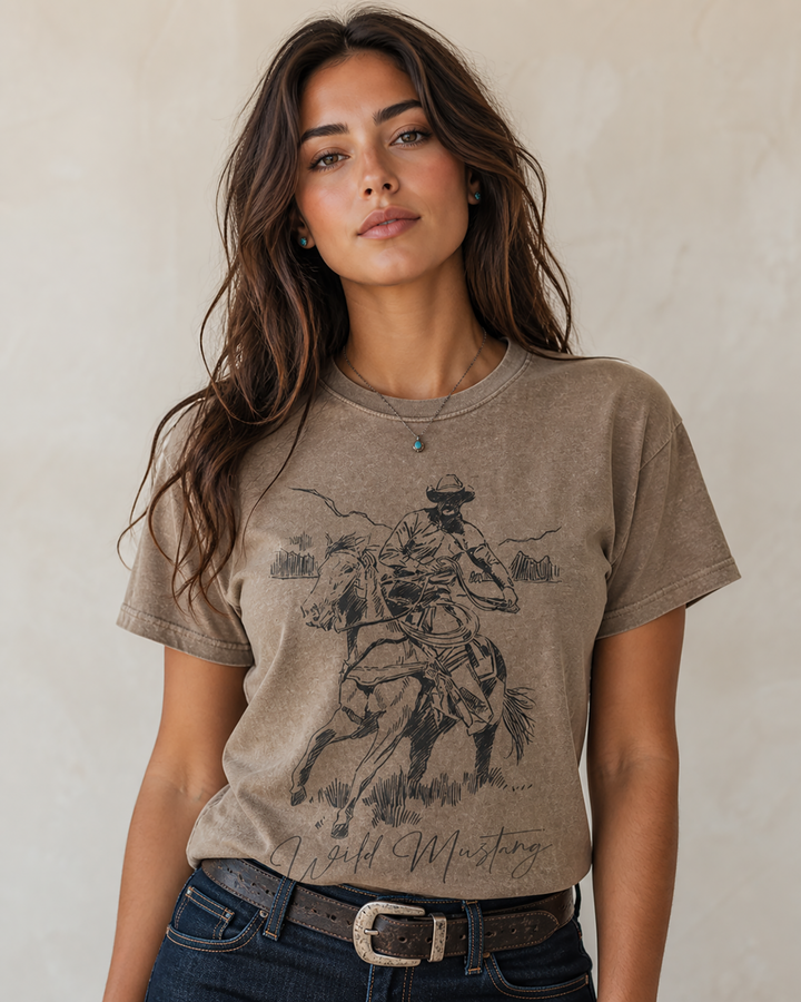 Wild at Heart Mineral Washed Mocha Wild Mustang Graphic Tee