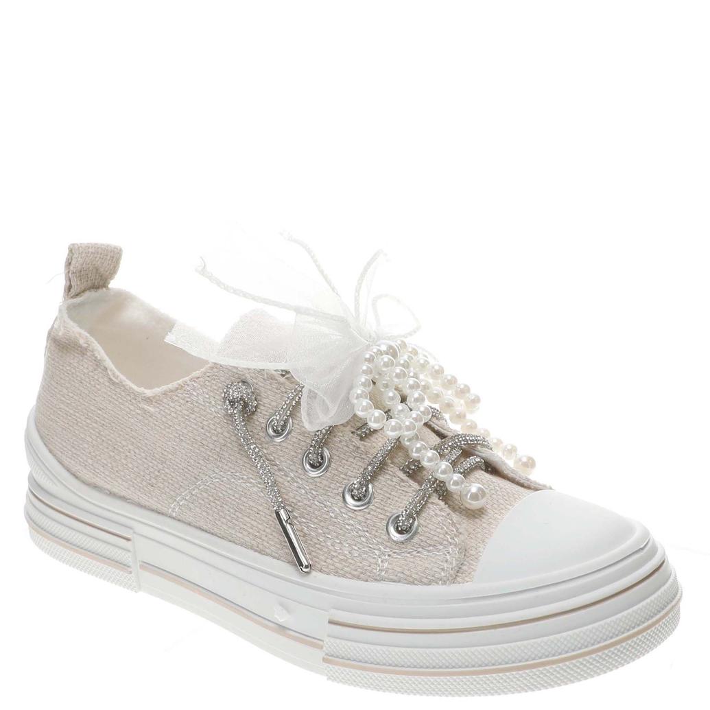 Neutral fabric women’s slip-on sneaker with pearl laces, chiffon bow, and glitter lace details at Oaklynn & Ivy Co.