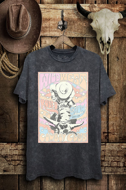 Vintage black mineral-wash boyfriend tee with pastel cowboy and longhorn rodeo graphic.