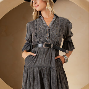 Midnight Prairie Embroidered Baby Doll Mini Dress