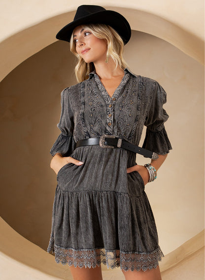 Midnight Prairie Embroidered Baby Doll Mini Dress