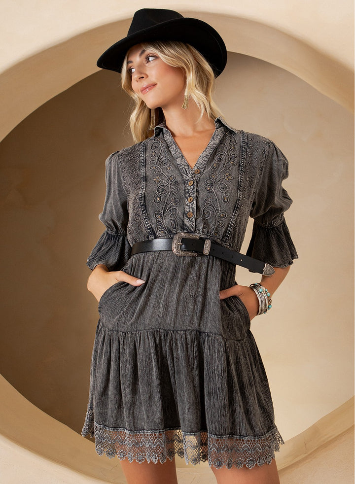 Midnight Prairie Embroidered Baby Doll Mini Dress