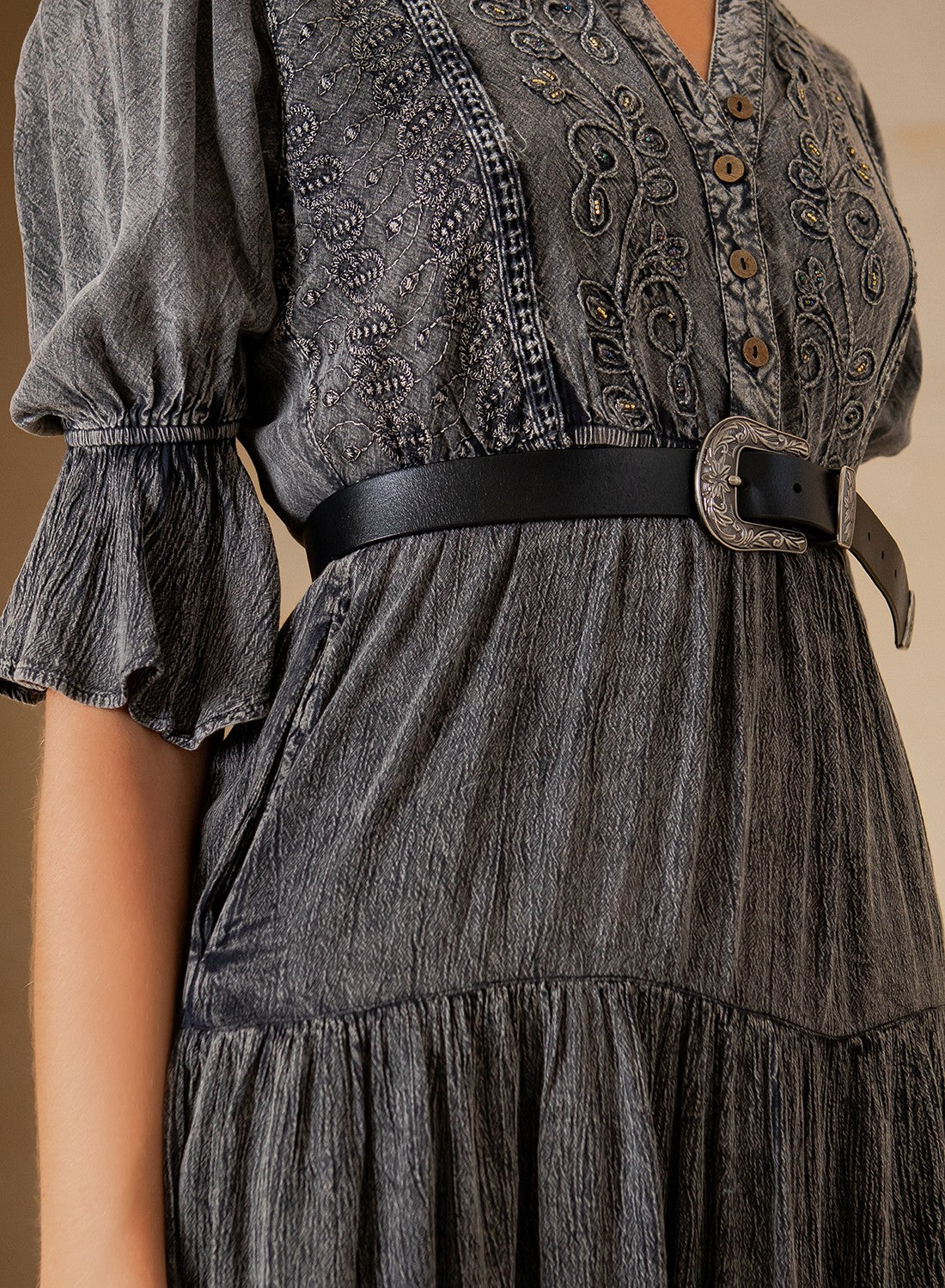 Midnight Prairie Embroidered Baby Doll Mini Dress