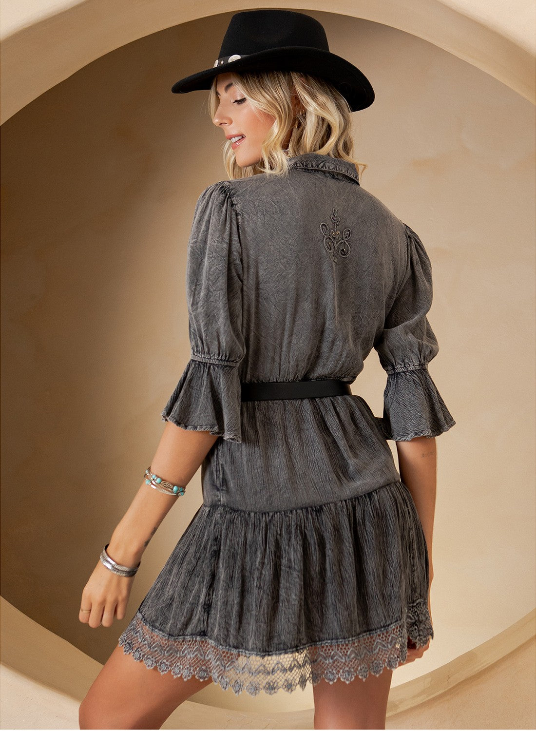 Midnight Prairie Embroidered Baby Doll Mini Dress