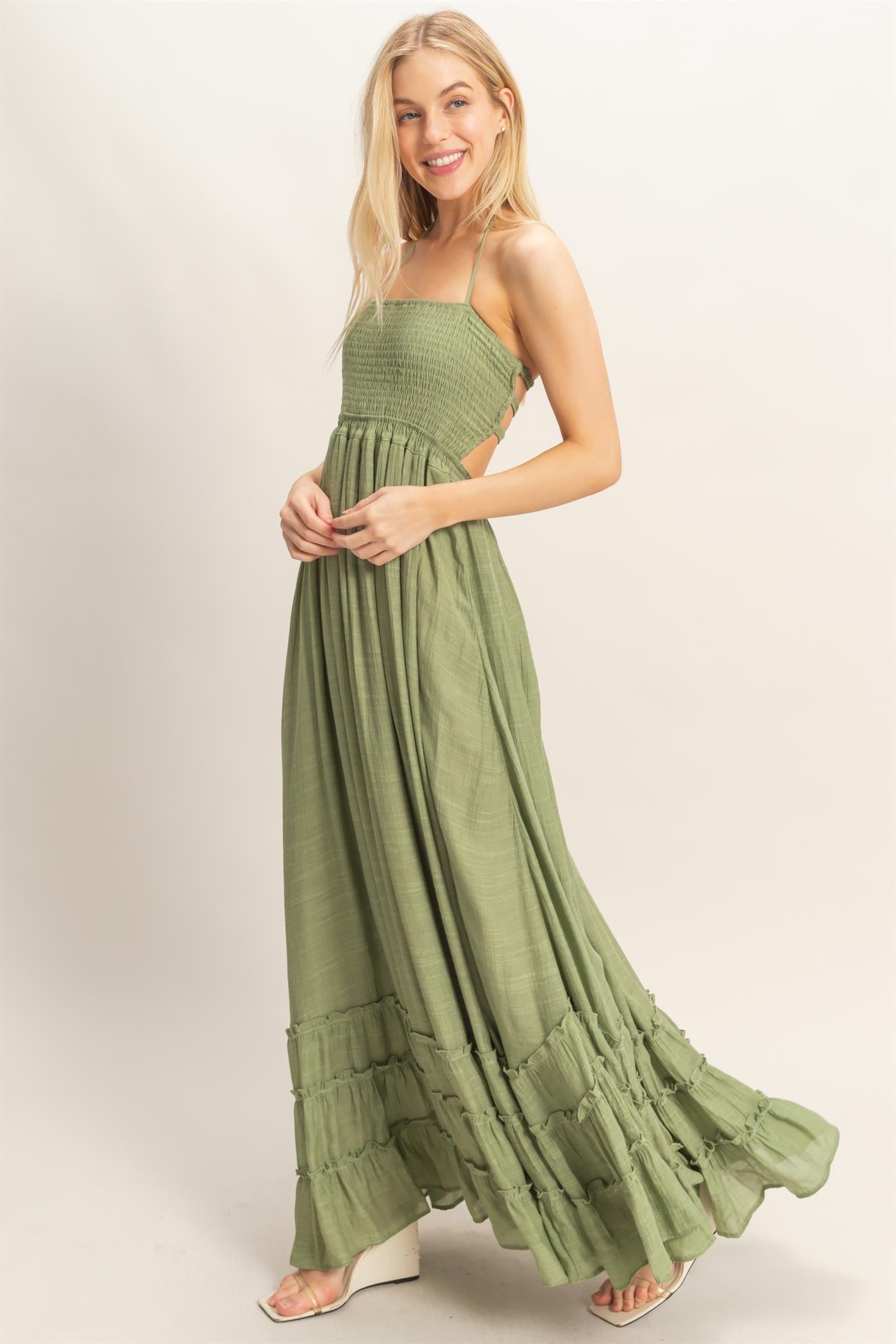 olive green ruffle maxi dress Olive Garden Stroll Smocked Halter Ruffle Maxi Dress