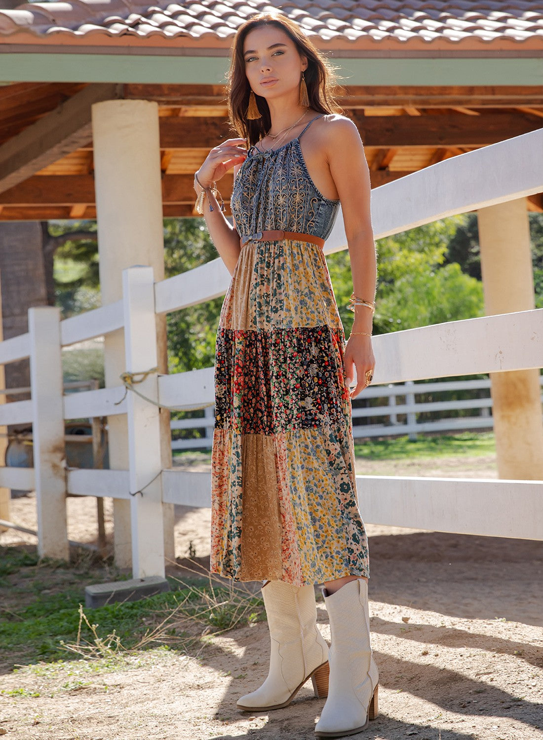 Saddle Song Patchwork Tiered Maxi Dress