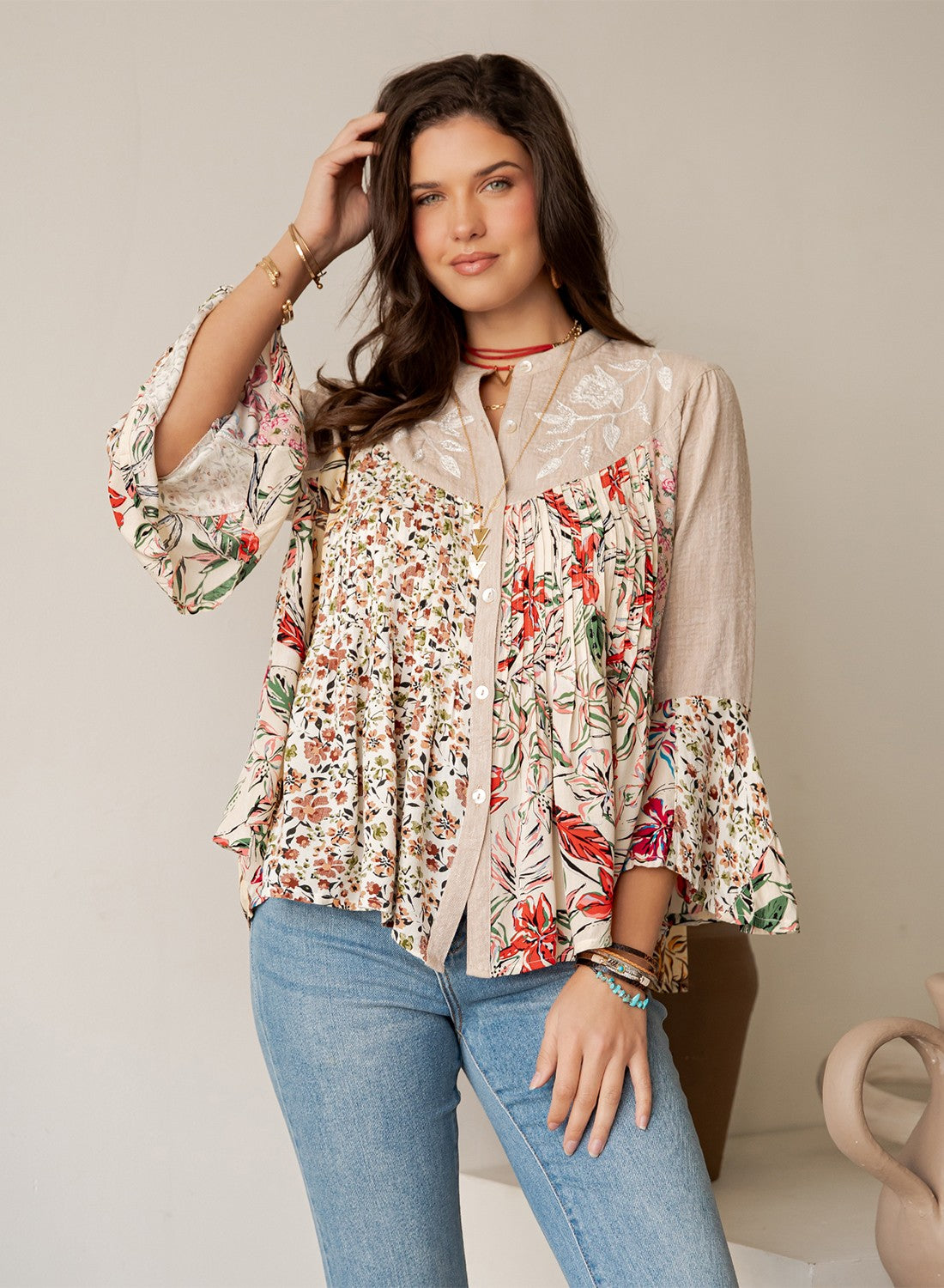 Wildflower Ledger Embroidered Button Down Tunic