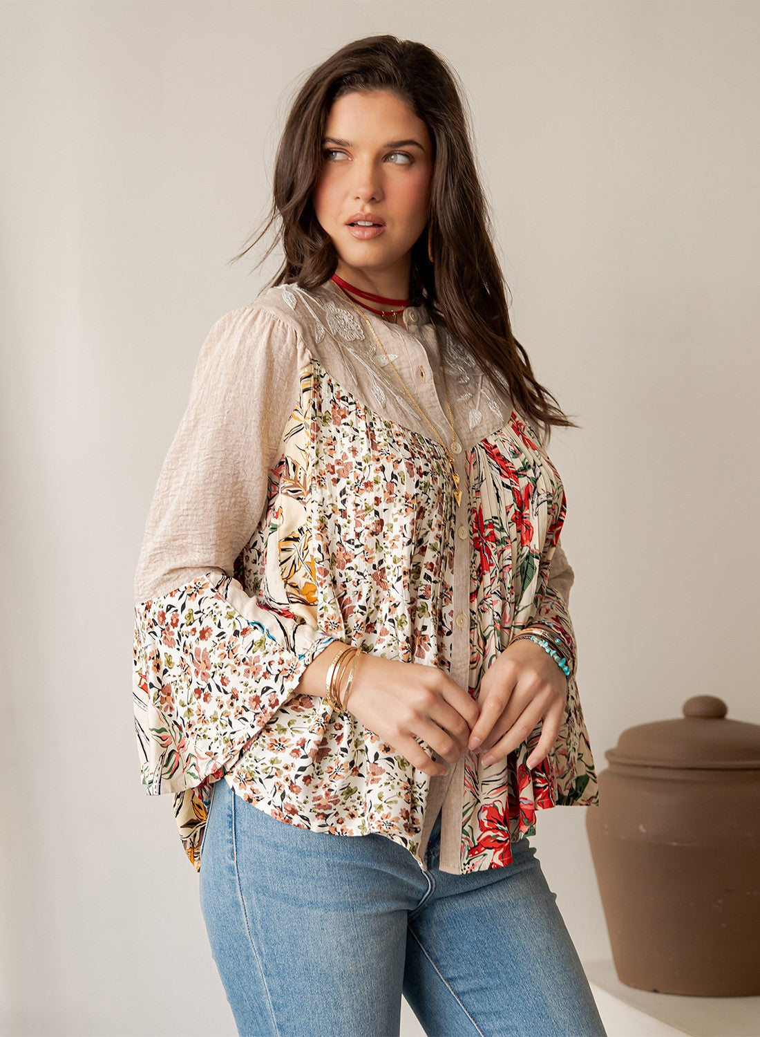Wildflower Ledger Embroidered Button Down Tunic