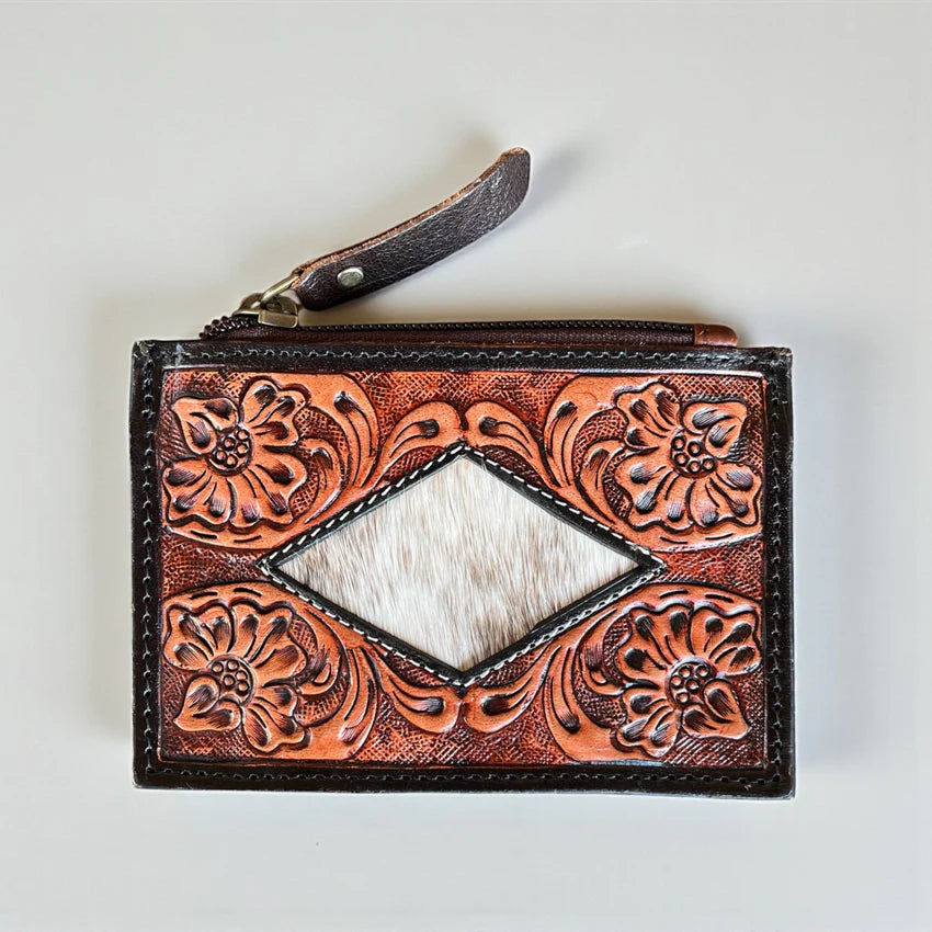 Spare Change & Saddle Days Tooled Cowhide Coin Pouch
