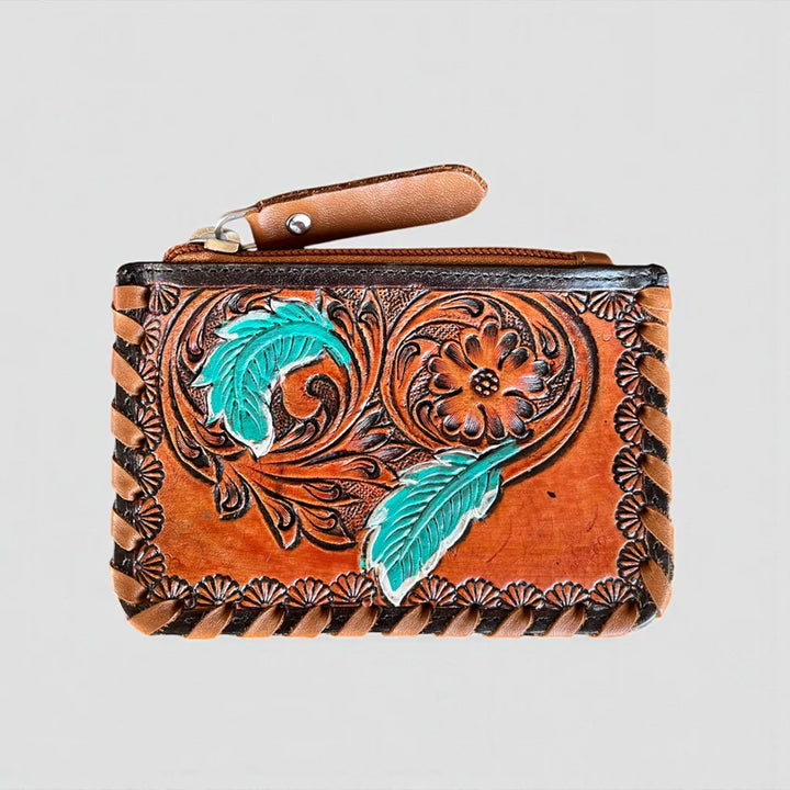 Free Spirit Feather Tooled Cowhide Coin Pouch