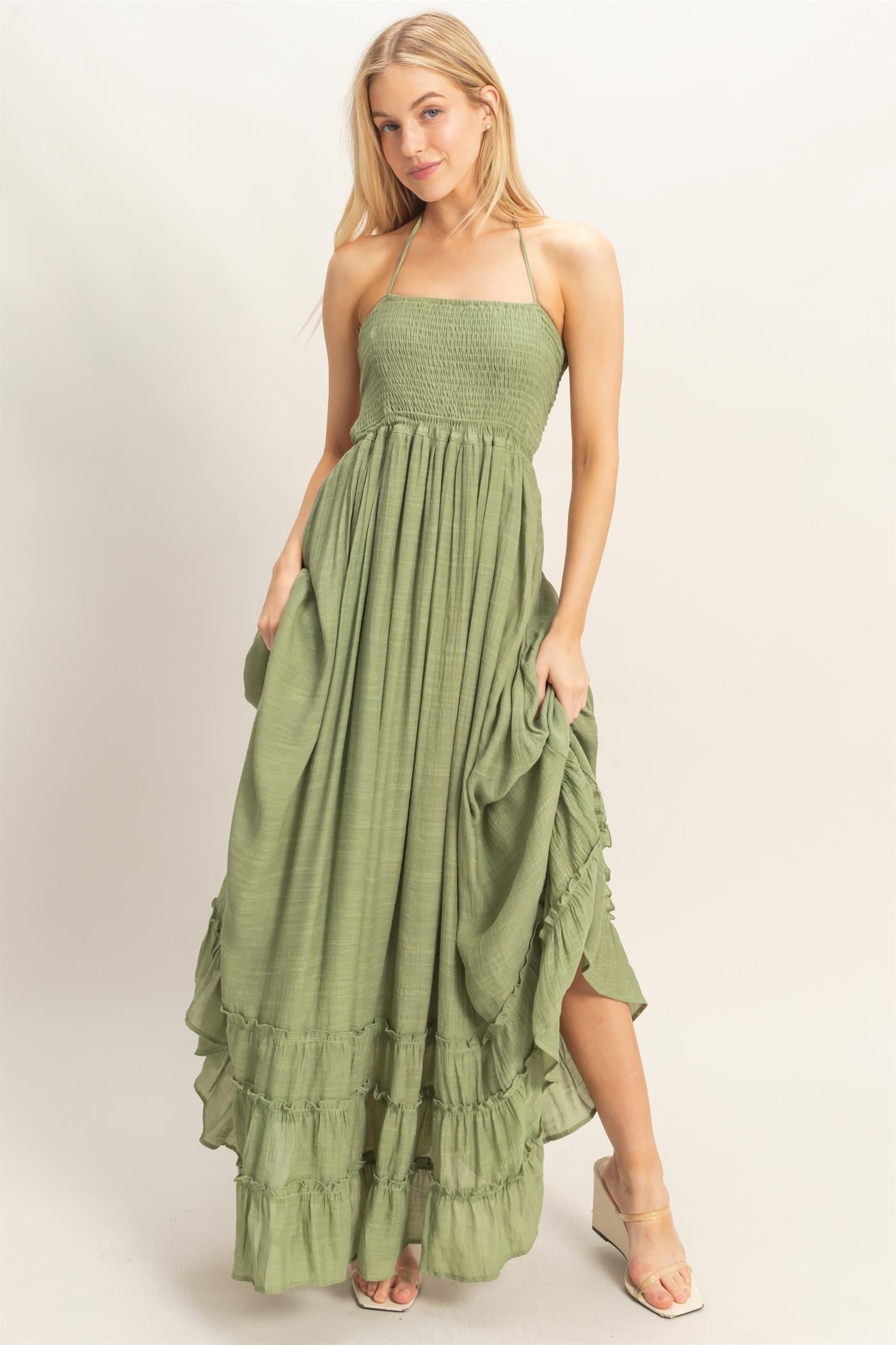 Olive Garden Stroll Smocked Halter Ruffle Maxi Dress