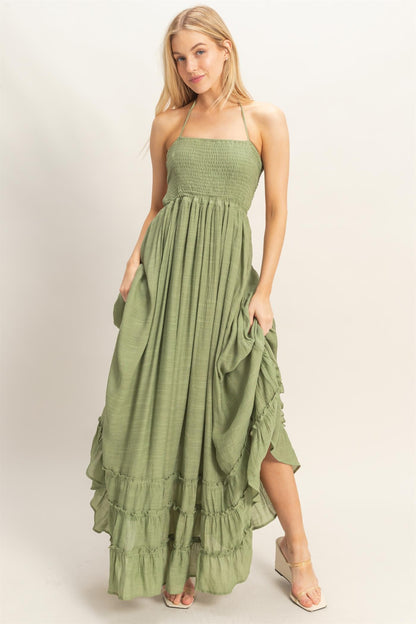 Olive Garden Stroll Smocked Halter Ruffle Maxi Dress
