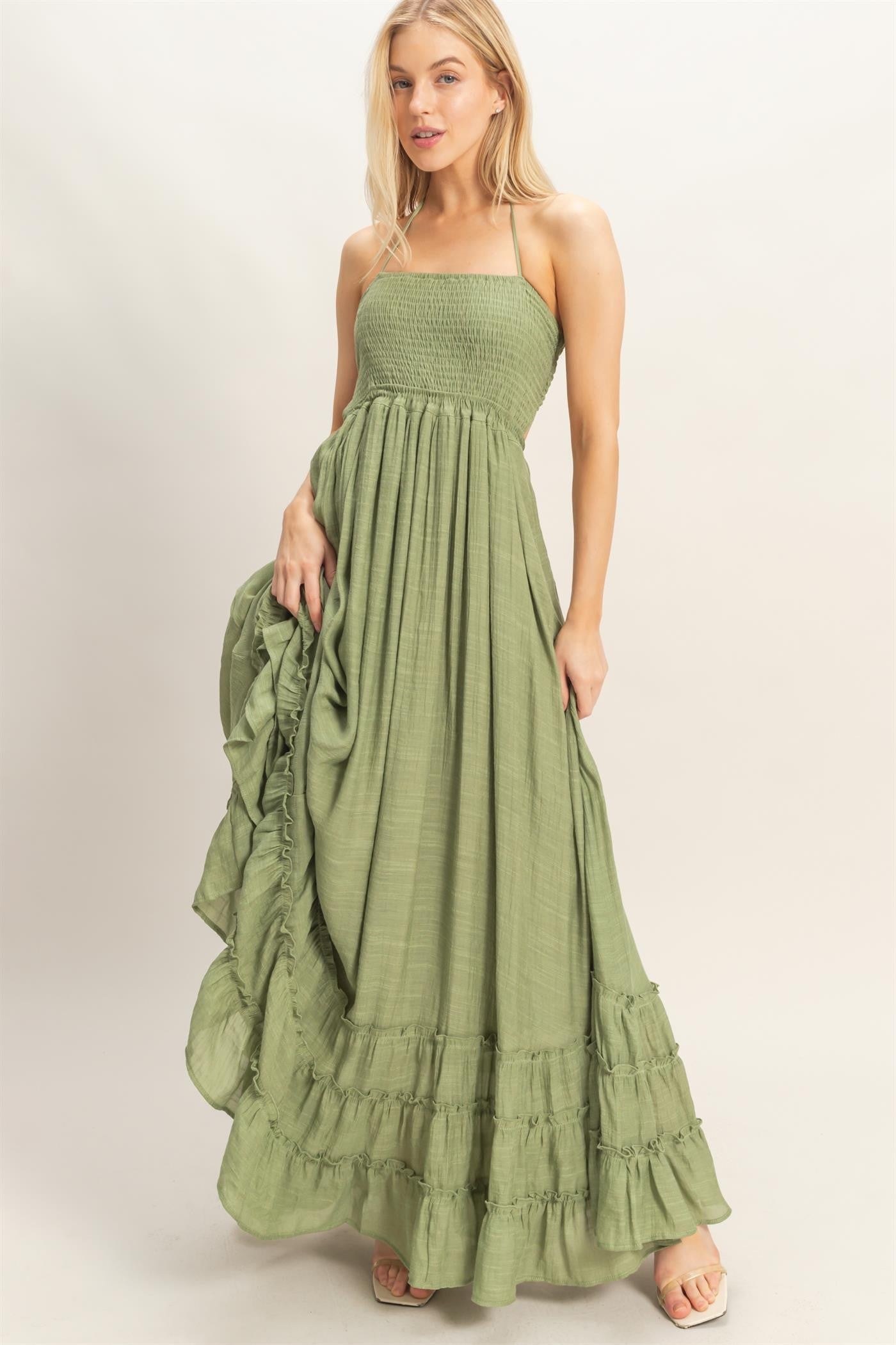 Olive Garden Stroll Smocked Halter Ruffle Maxi Dress