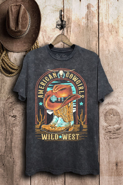 Vintage black mineral-wash boyfriend tee featuring an American Cowgirls Wild West hat and boots graphic.