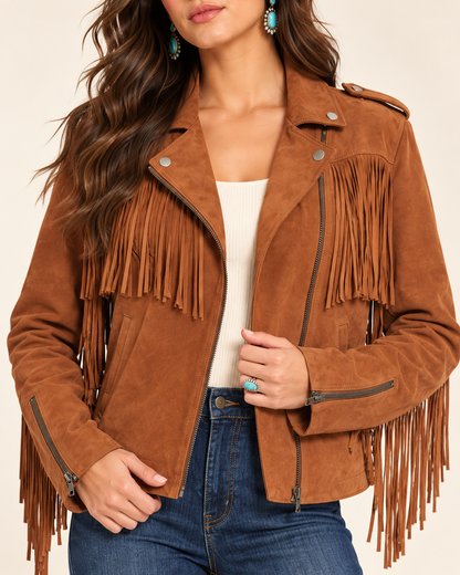 Brown suede leather western jacket with cascading fringe, an asymmetric zip front, snap lapels, and shoulder epaulettes.