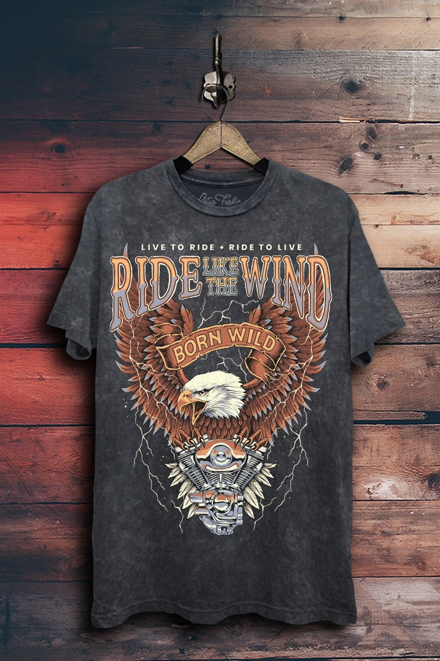 Vintage black mineral-washed boyfriend tee featuring a screen-printed Ride Like the Wind Born Free western graphic.