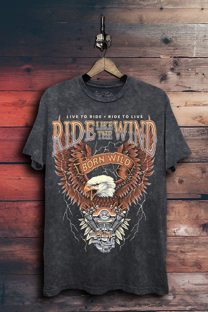 Vintage black mineral-washed boyfriend tee featuring a screen-printed Ride Like the Wind Born Free western graphic.
