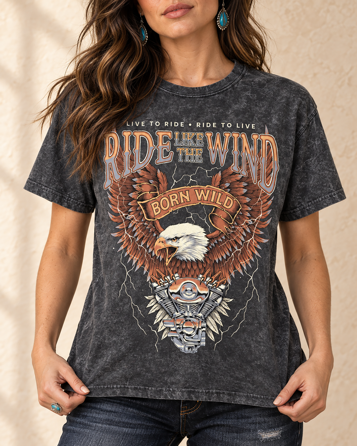 Vintage black mineral-washed boyfriend tee featuring a screen-printed Ride Like the Wind Born Free western graphic.