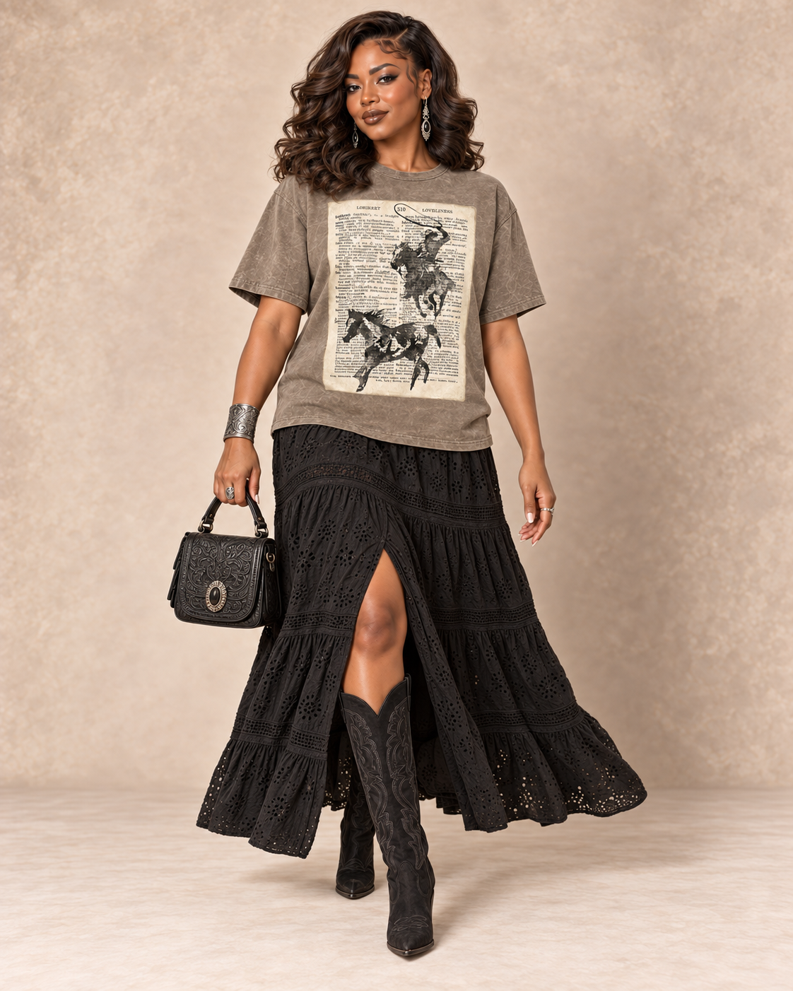 Mocha mineral-wash plus-size boyfriend tee featuring a cowboy dictionary-style western graphic.