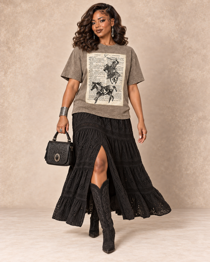 Mocha mineral-wash plus-size boyfriend tee featuring a cowboy dictionary-style western graphic.