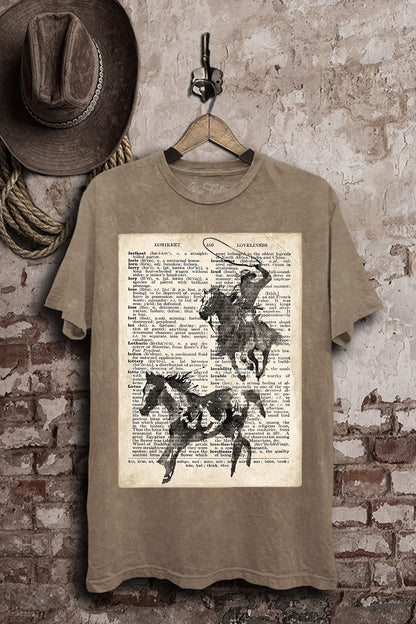 Mocha mineral-wash plus-size boyfriend tee featuring a cowboy dictionary-style western graphic.