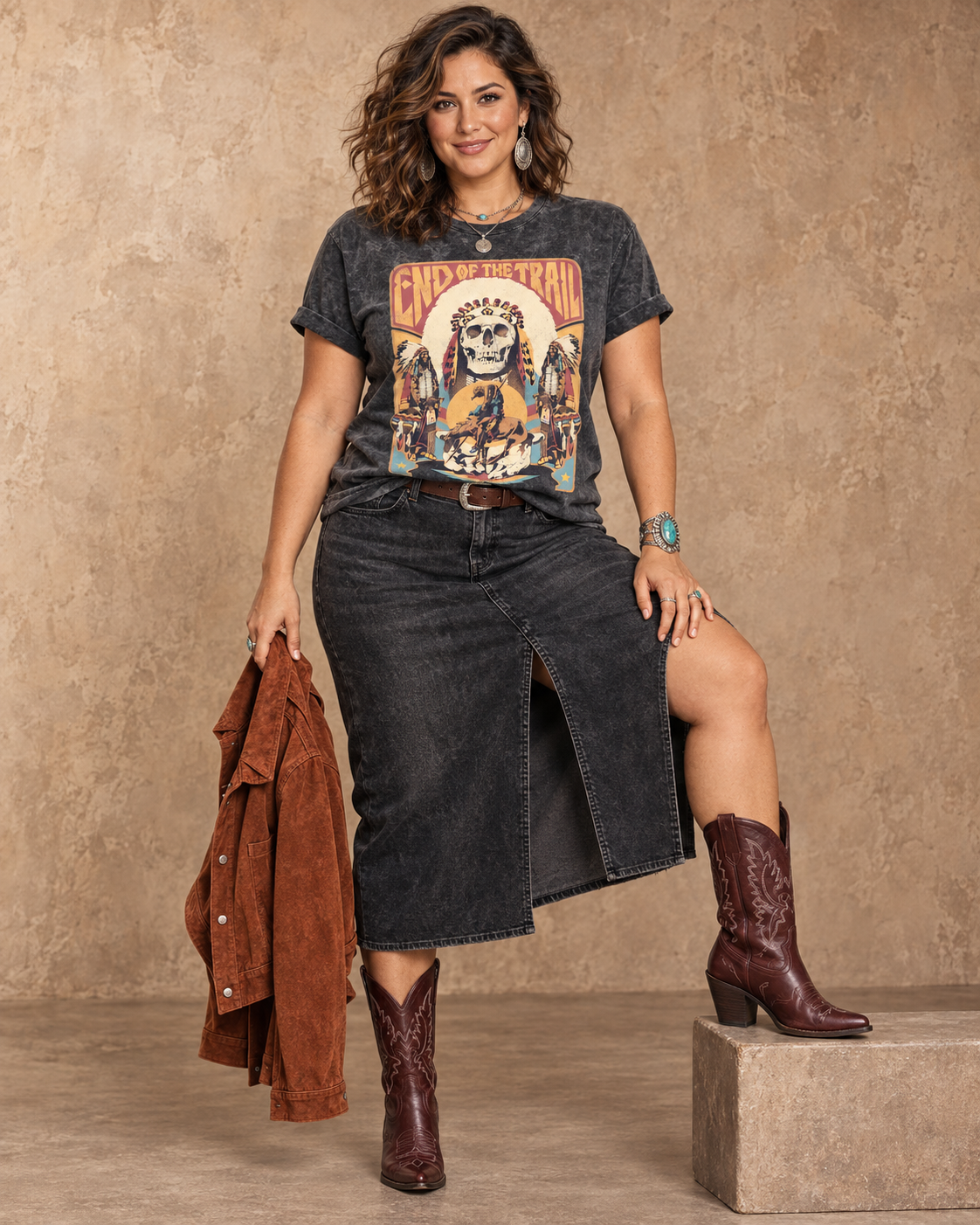Vintage black mineral-wash boyfriend tee with multicolor End of the Trail western graphic.
