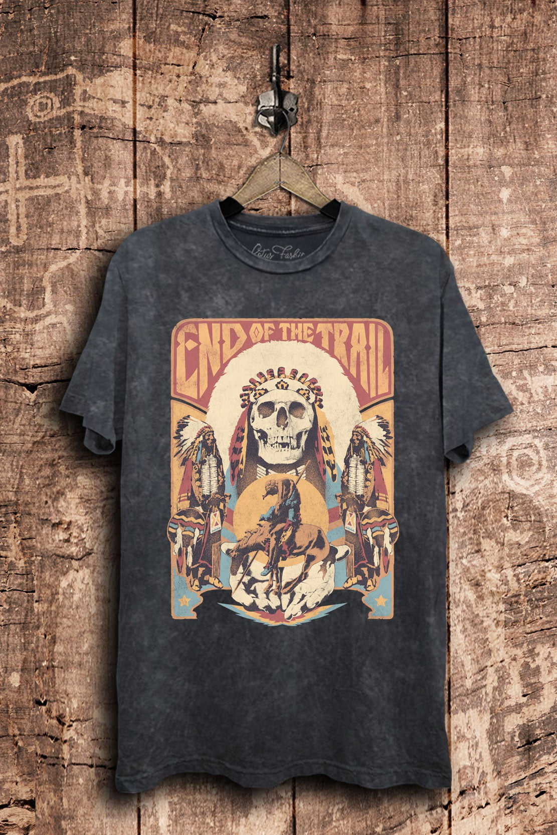 Vintage black mineral-wash boyfriend tee with multicolor End of the Trail western graphic.