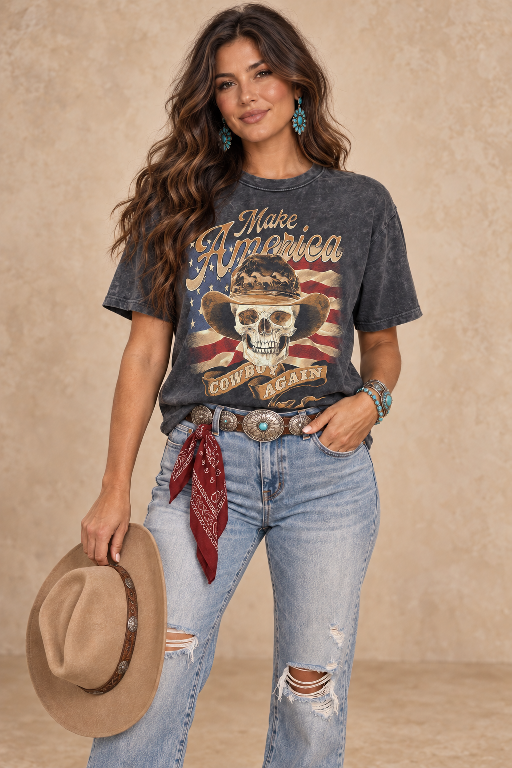 Vintage black mineral-wash boyfriend tee featuring Make America Cowboy Again lettering, a cowboy skull, and a distressed American flag.