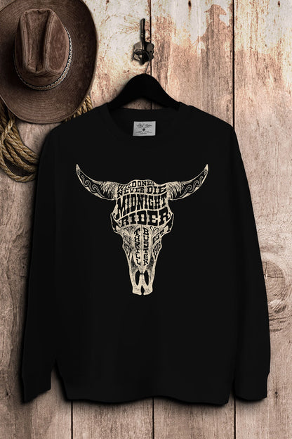 Black French terry crewneck sweatshirt featuring a cream typographic cow skull with prominent Midnight Rider and Wild Ones Never Die lettering.