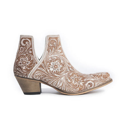 Myra Western Moxie Hand-tooled Booties in White Chocolate