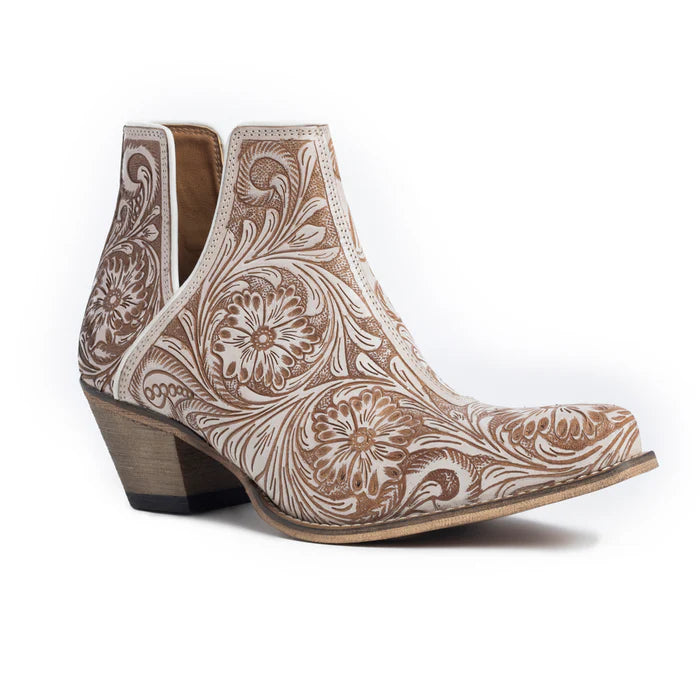 Myra Western Moxie Hand-tooled Booties in White Chocolate