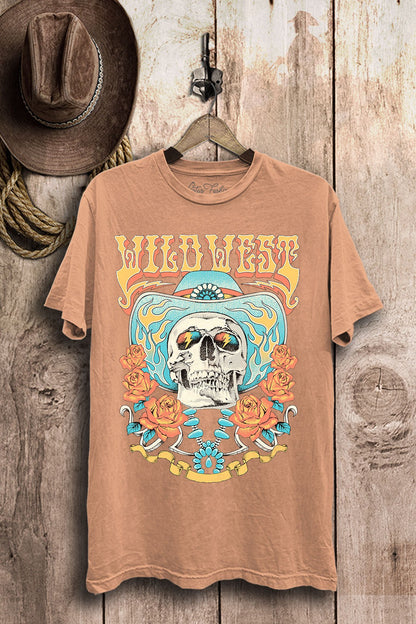 Coral mineral-wash boyfriend tee with a colorful Wild West cowboy skull, turquoise, and rose graphic.