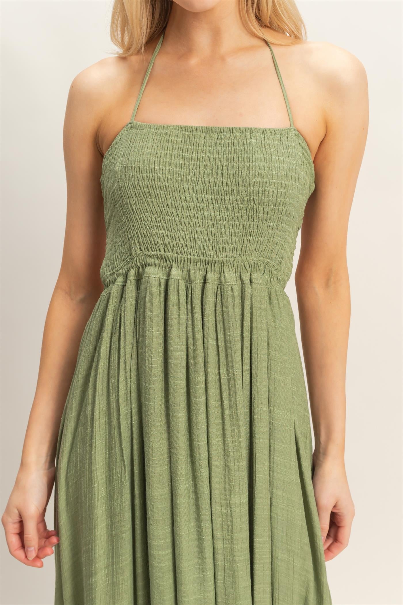 Olive Garden Stroll Smocked Halter Ruffle Maxi Dress