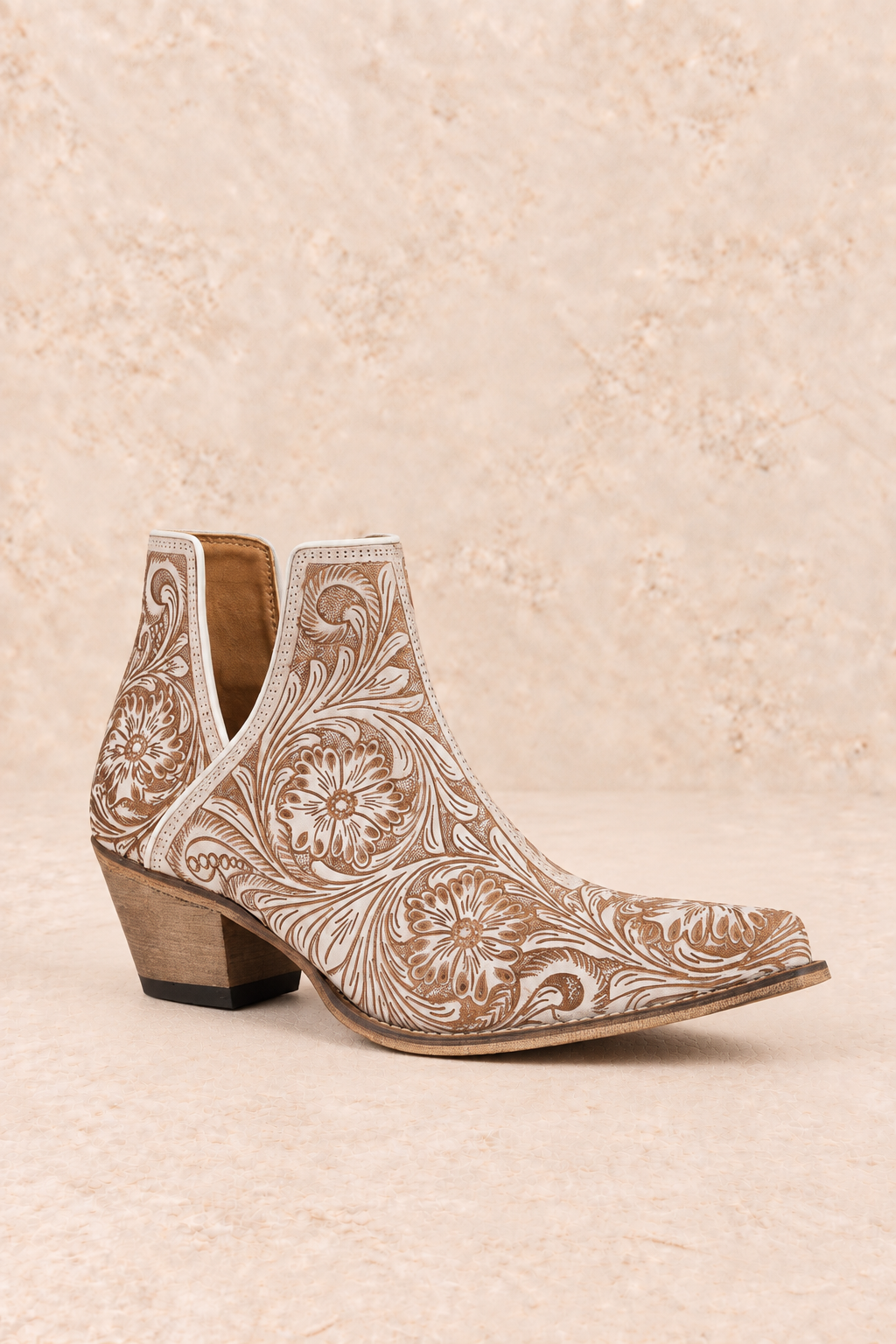 Myra Western Moxie Hand-tooled Booties in White Chocolate
