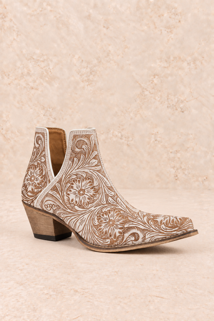 Myra Western Moxie Hand-tooled Booties in White Chocolate