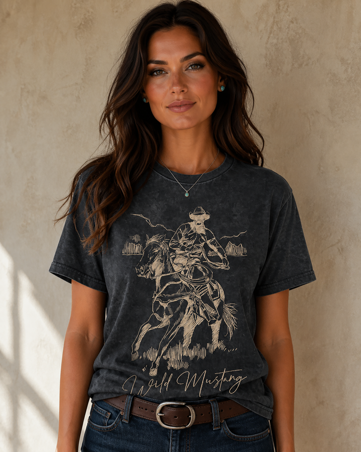 Wild at Heart Mineral Washed Black Wild Mustang Graphic Tee
